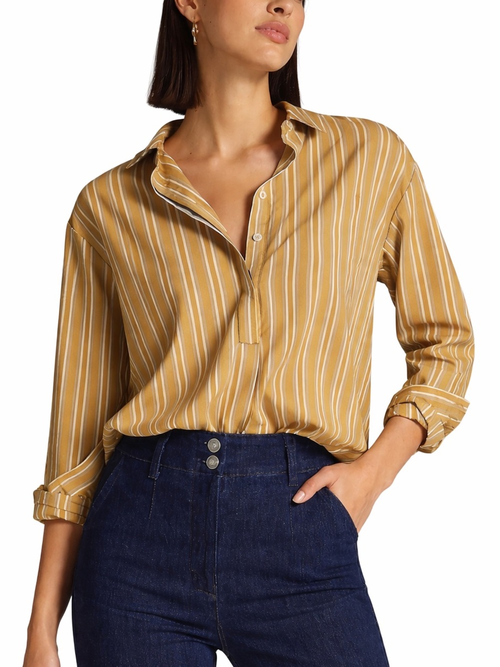 Anthropologie Mustard Brown Blue Striped Popover Blouse Side Button Tunic Top M